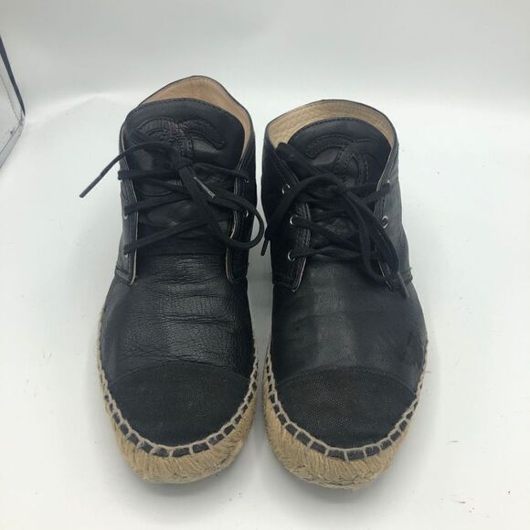 Chanel Black Leather Espadrilles High Top Sneakers CC‎ - Picture 3 of 11